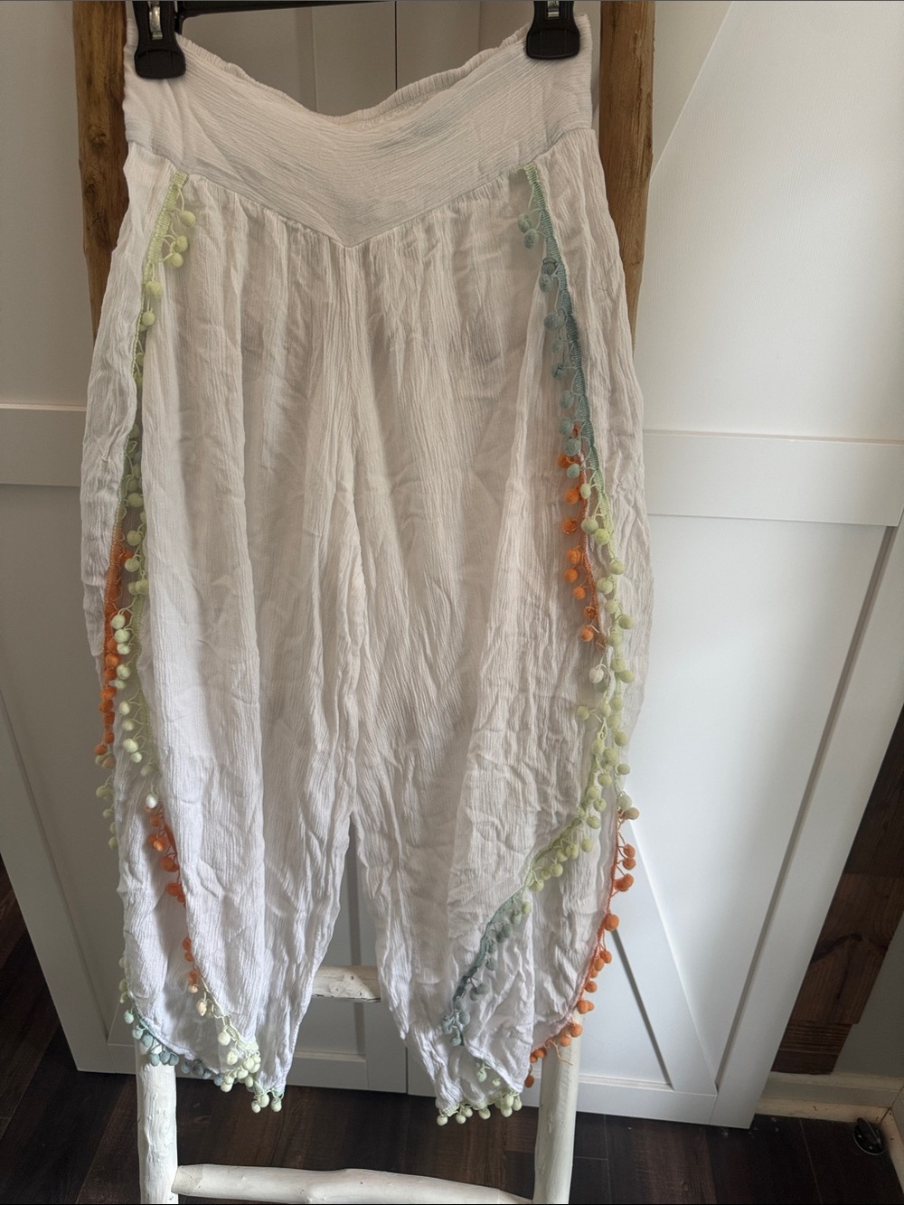 Anthropology Z&L White Pants Cover Up with Colorful Pom-Poms